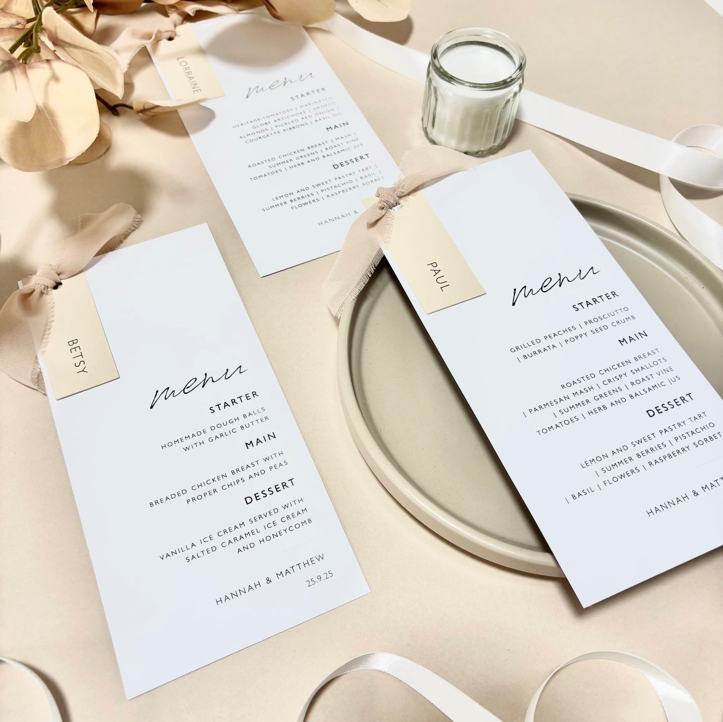 The Sophie - Luxury Ribbon Wedding Menu & Name Card