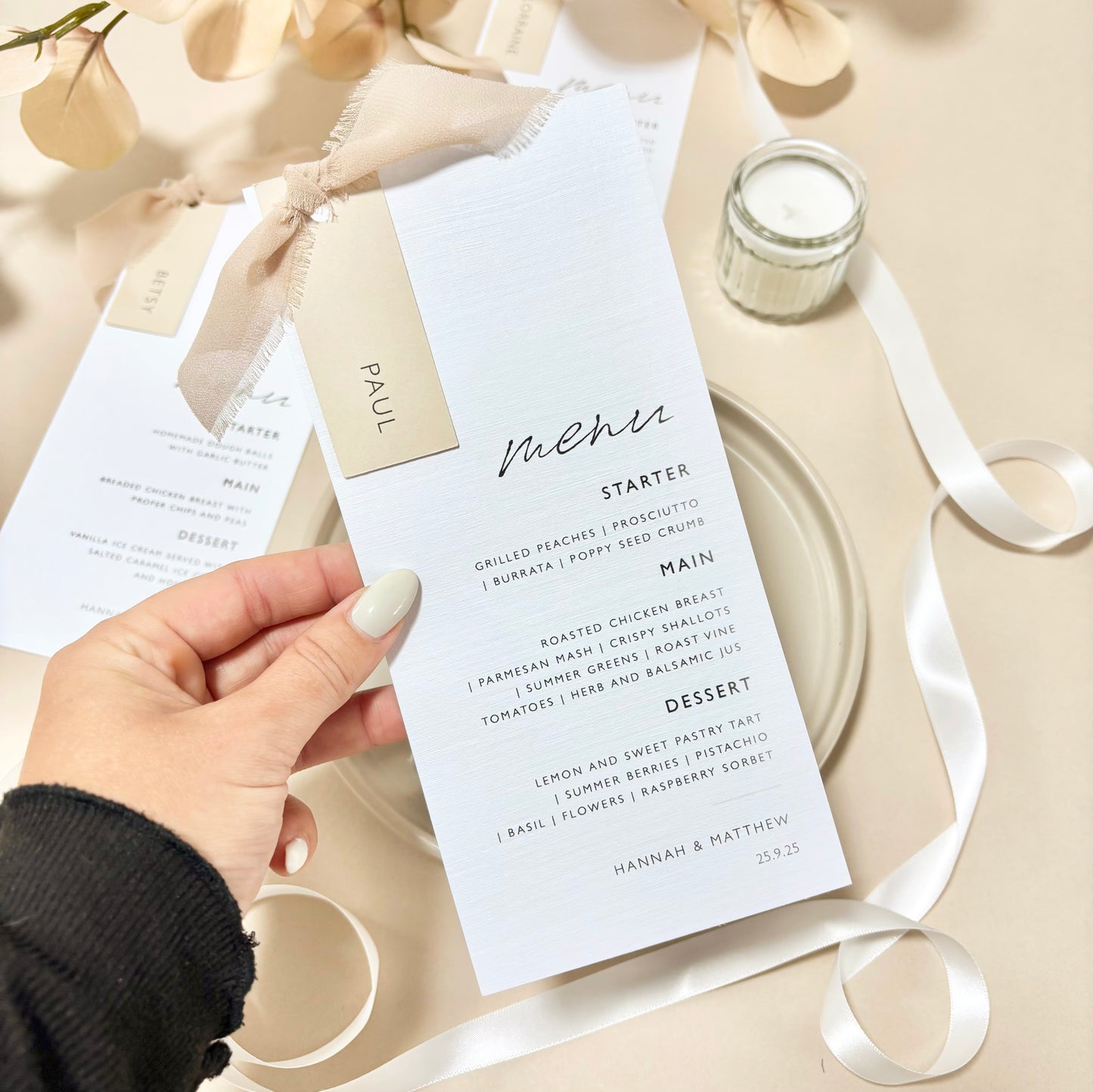 The Sophie - Luxury Ribbon Wedding Menu & Name Card
