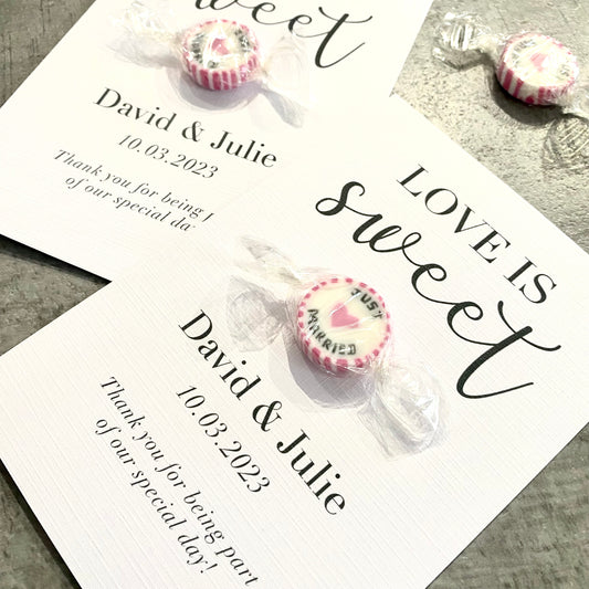 Personalised Just Married Love Is Sweet Favours