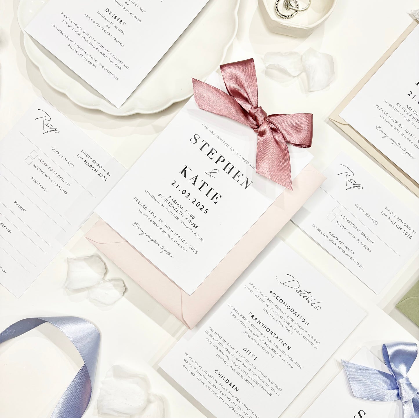 The Betsy - Luxury Satin Bow Evening Invitation & Envelope