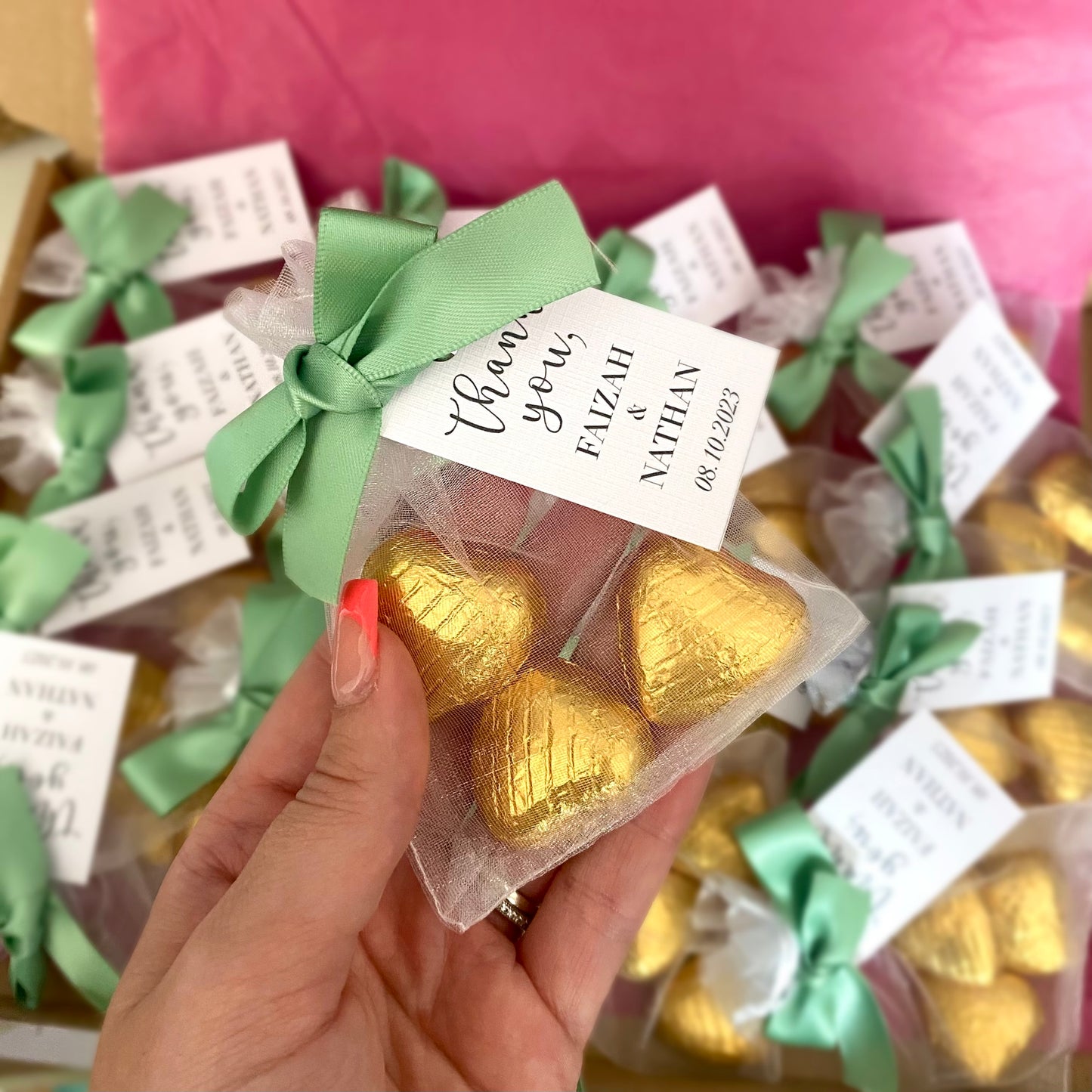 Personalised Thank You Heart Chocolate Bag, Tag & Ribbon Favours