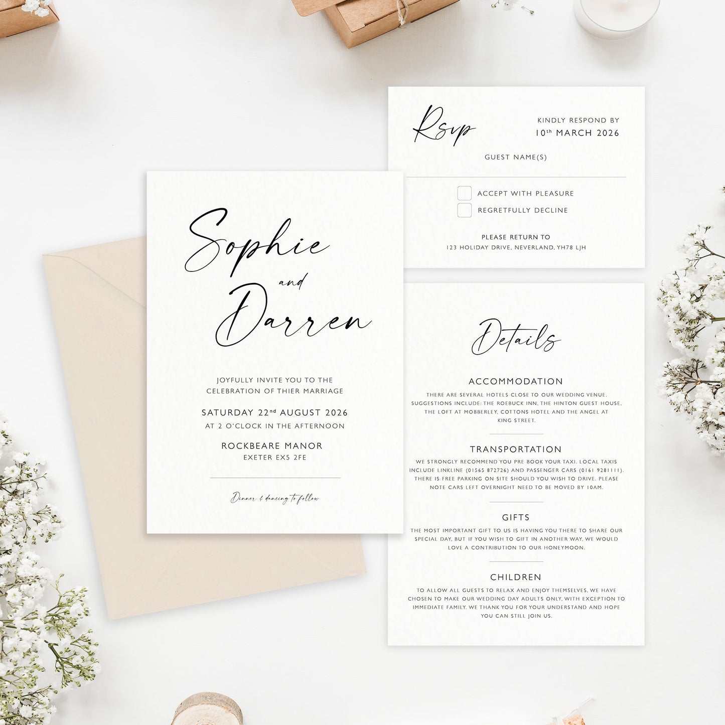 The Isla - Custom Luxury Wedding Invitation, Details Card & RSVP | Elegant Minimalist Design | Modern Simple Wedding Invitation