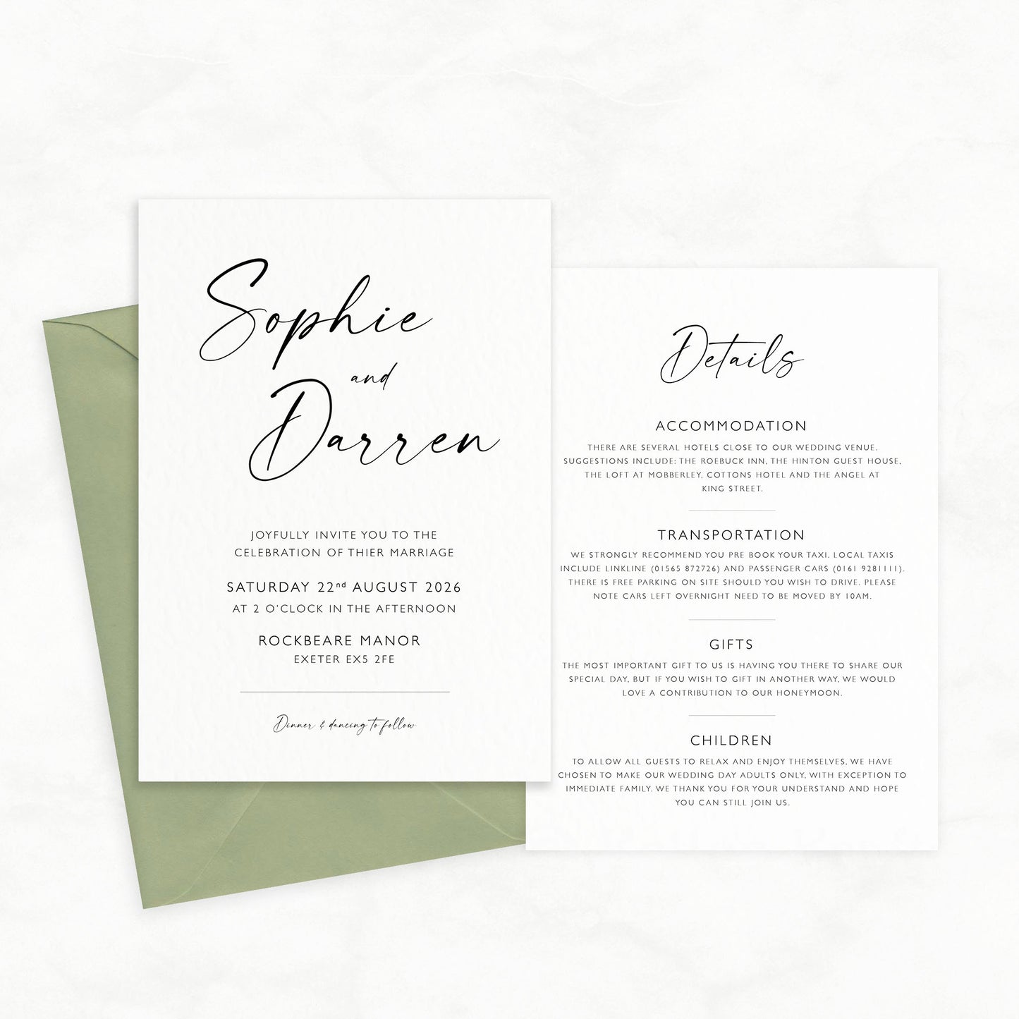 The Isla - Custom Luxury Wedding Invitation & Details Card | Elegant Minimalist Design | Personalised Invitation | Modern Simple Wedding Invitation