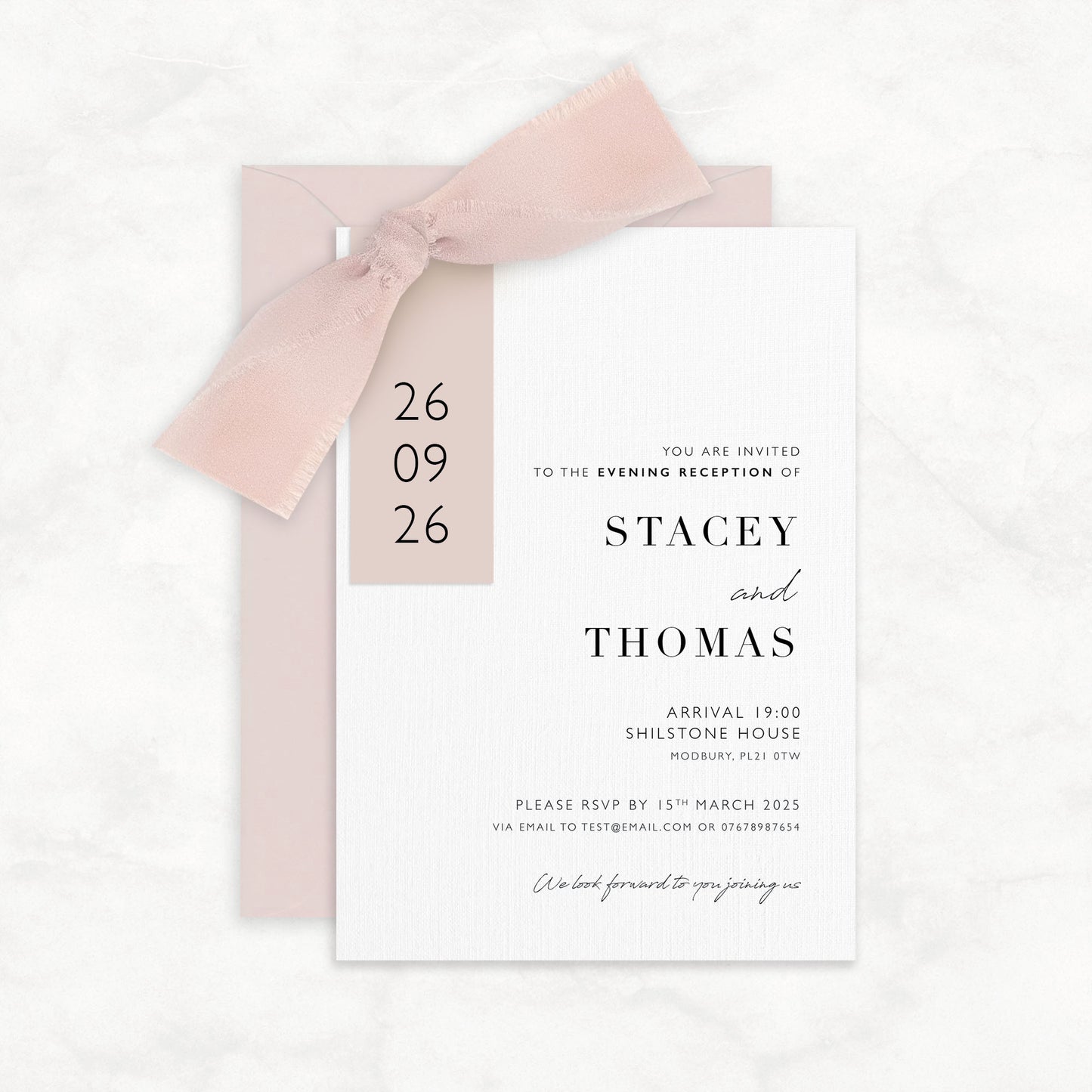 The Sophie - Luxury Ribbon Evening Wedding Invitation & Envelope | Simple stationery | Personalised invitation | Sage green, Pink, Dusky Blue, Burnt Orange