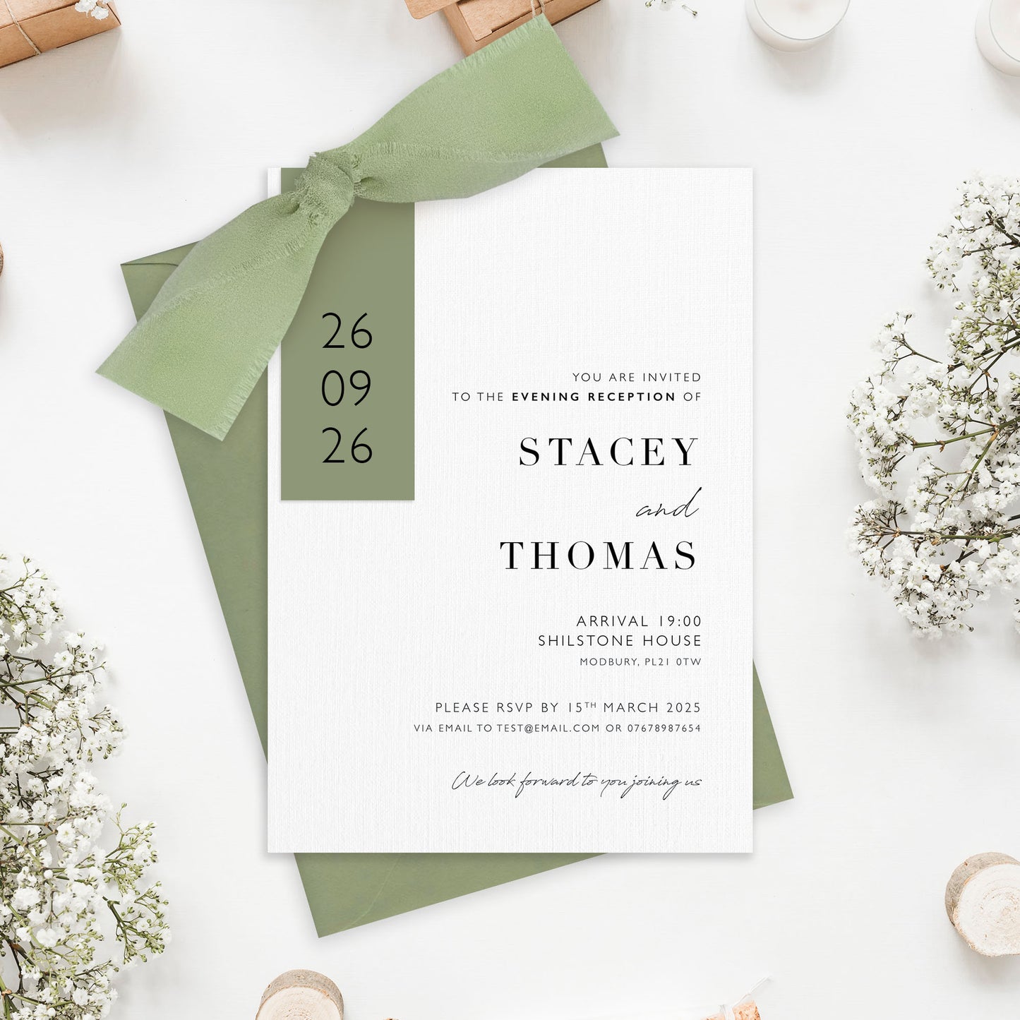 The Sophie - Luxury Ribbon Evening Wedding Invitation & Envelope | Simple stationery | Personalised invitation | Sage green, Pink, Dusky Blue, Burnt Orange