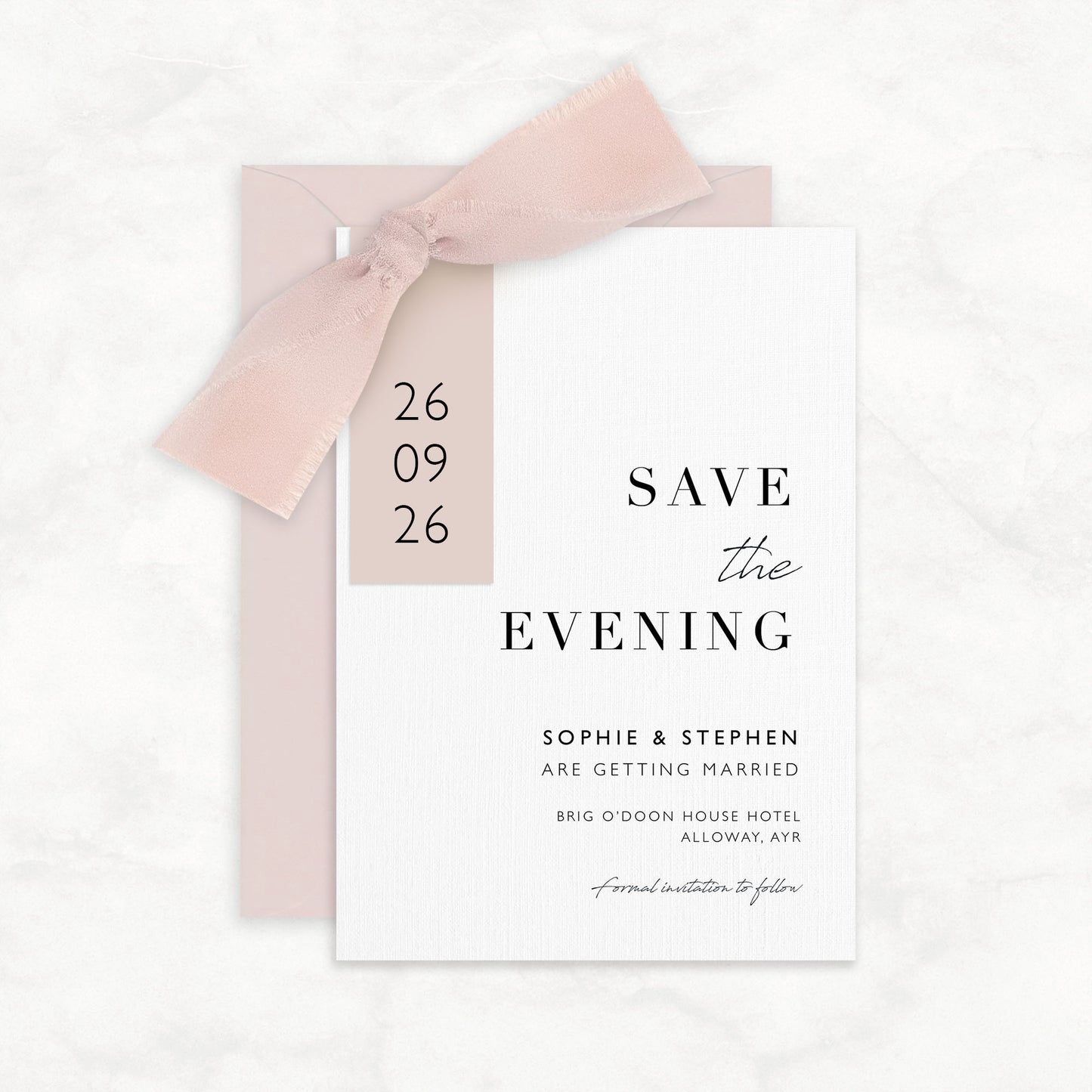 The Sophie - Save the evening luxury Ribbon Wedding & Envelope | Simple stationery | Personalised invitation | Sage green, Pink, Dusky Blue, Burnt Orange (Copy)