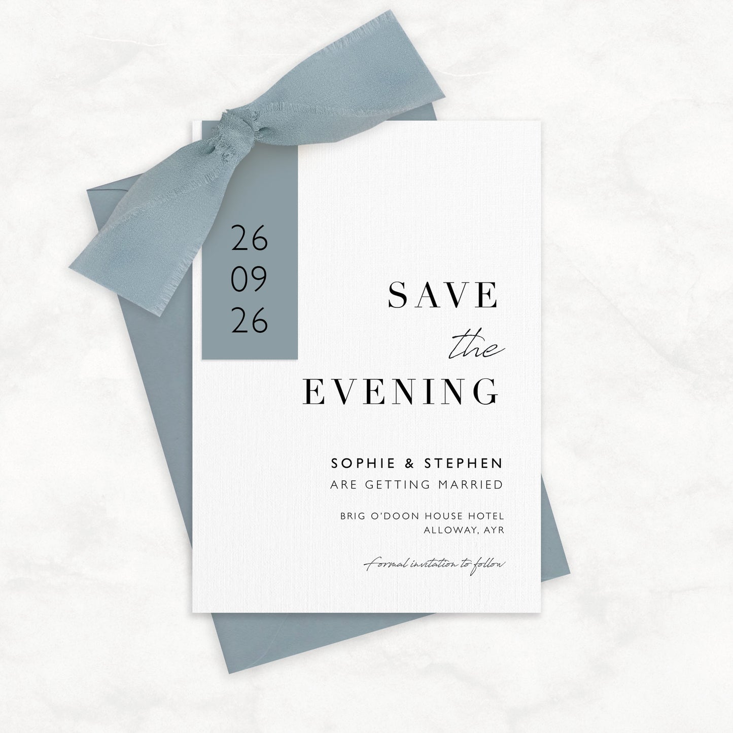 The Sophie - Save the evening luxury Ribbon Wedding & Envelope | Simple stationery | Personalised invitation | Sage green, Pink, Dusky Blue, Burnt Orange (Copy)