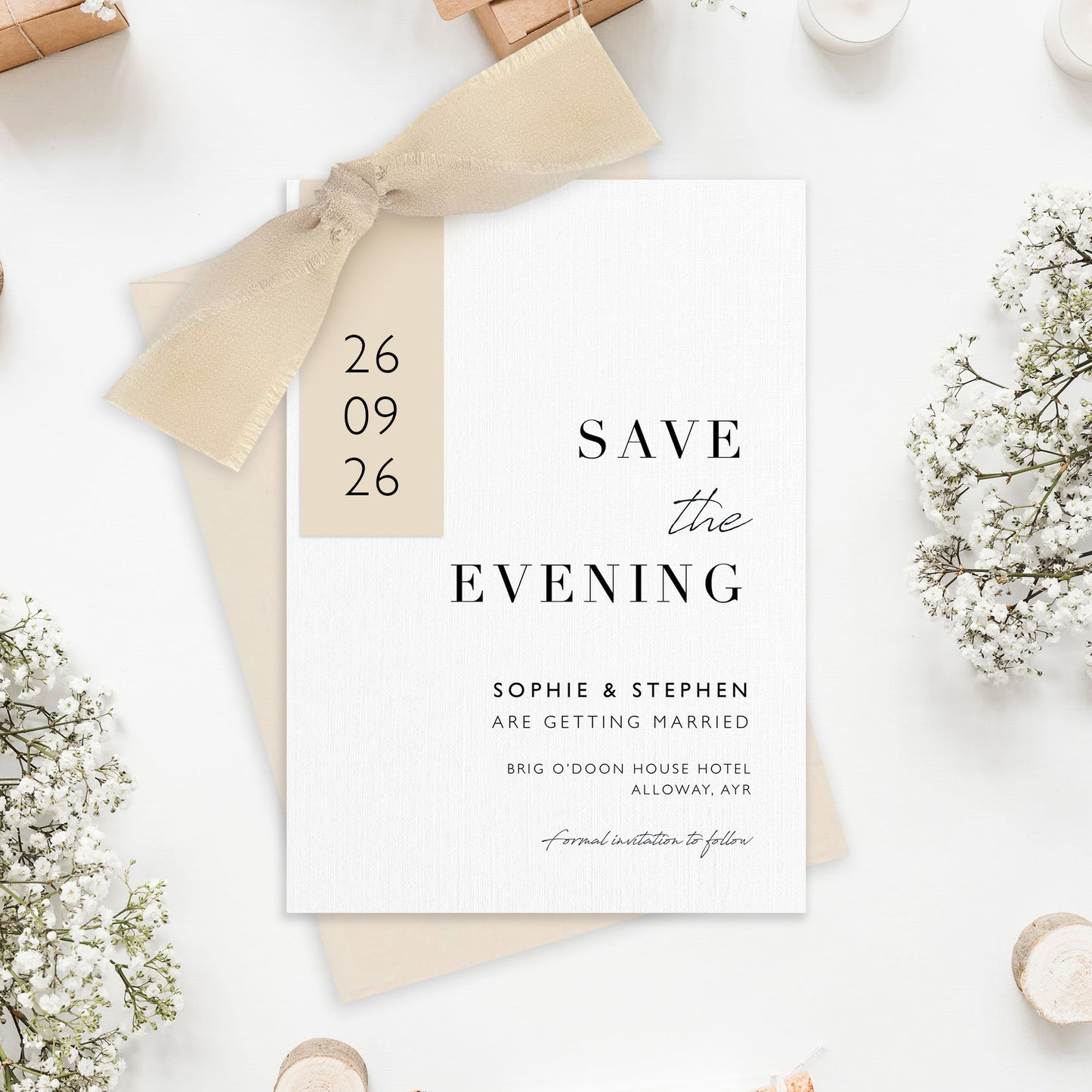 The Sophie - Save the evening luxury Ribbon Wedding & Envelope | Simple stationery | Personalised invitation | Sage green, Pink, Dusky Blue, Burnt Orange (Copy)