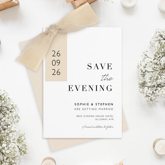 The Sophie - Save the evening luxury Ribbon Wedding & Envelope | Simple stationery | Personalised invitation | Sage green, Pink, Dusky Blue, Burnt Orange (Copy)