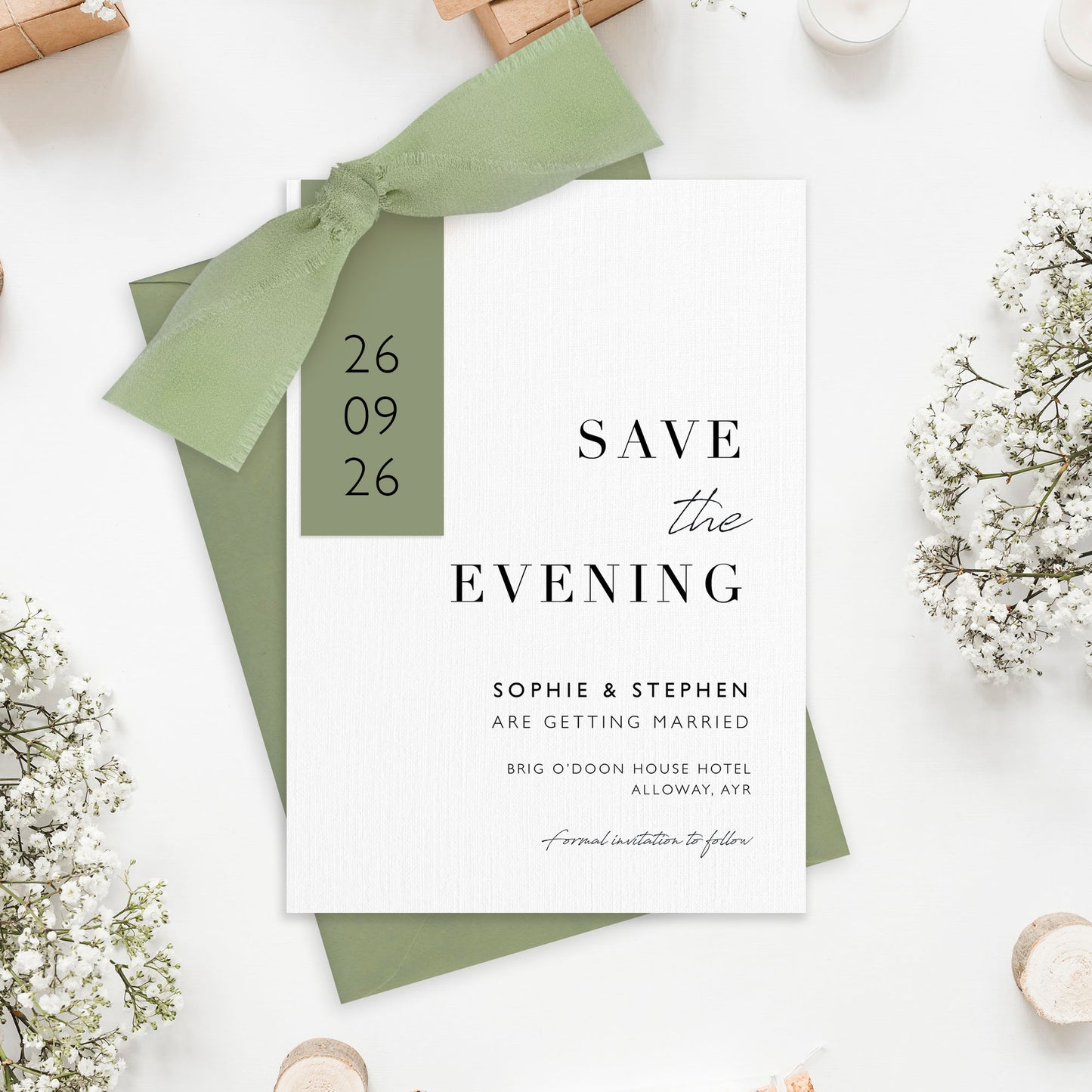 The Sophie - Save the evening luxury Ribbon Wedding & Envelope | Simple stationery | Personalised invitation | Sage green, Pink, Dusky Blue, Burnt Orange (Copy)
