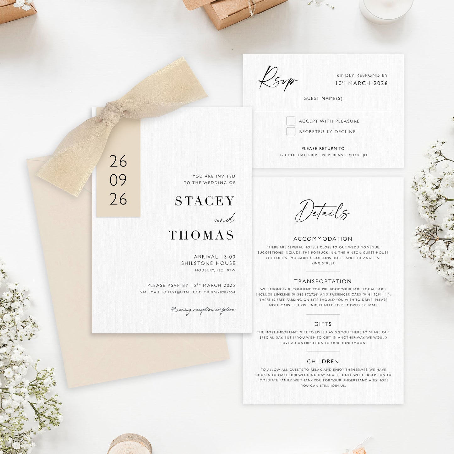 The Sophie - Luxury Ribbon Wedding Invitation, Details & RSVP Card | Simple stationery | Personalised invitation | Green, Pink, Blue, Burnt Orange