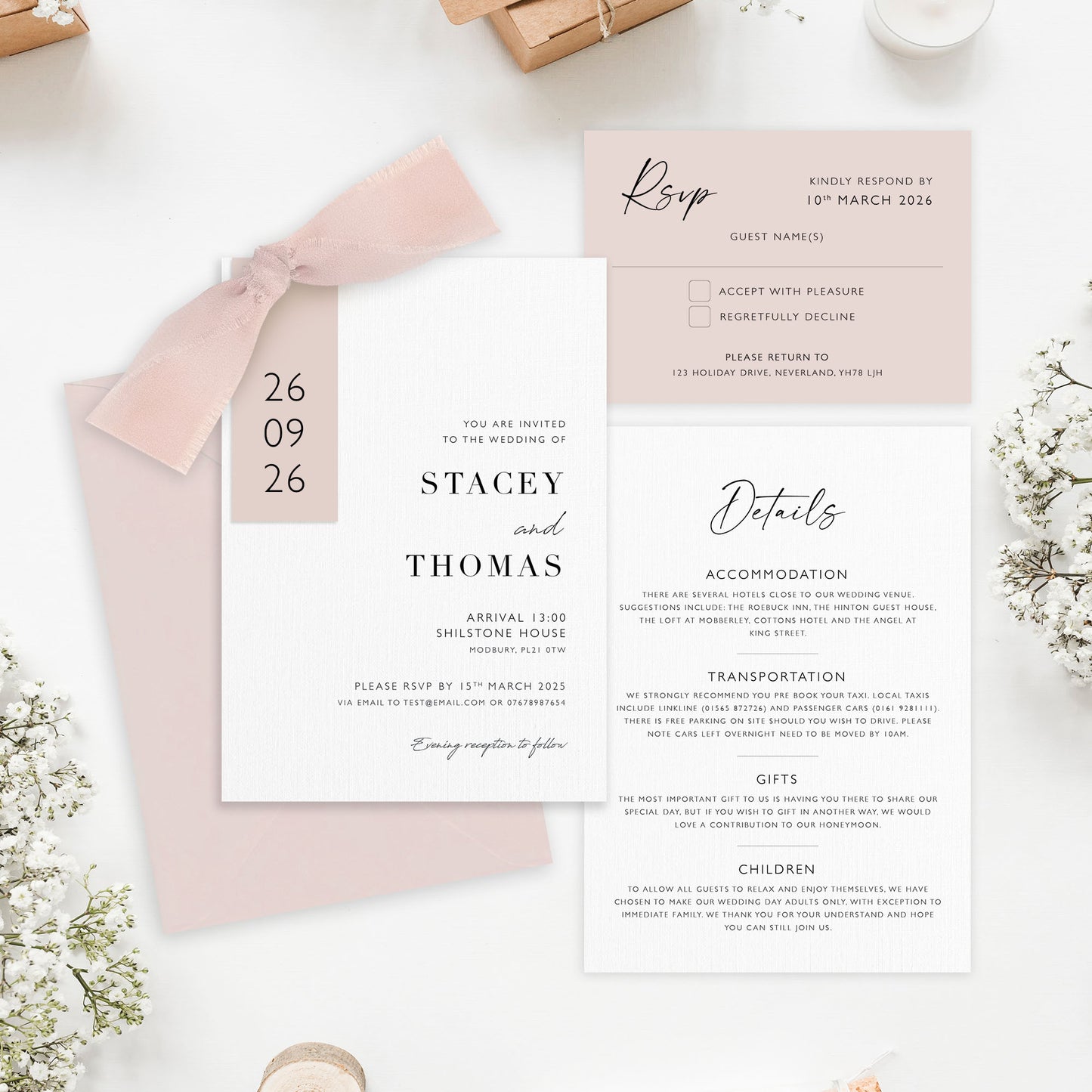 The Sophie - Luxury Ribbon Wedding Invitation, Details & RSVP Card | Simple stationery | Personalised invitation | Green, Pink, Blue, Burnt Orange