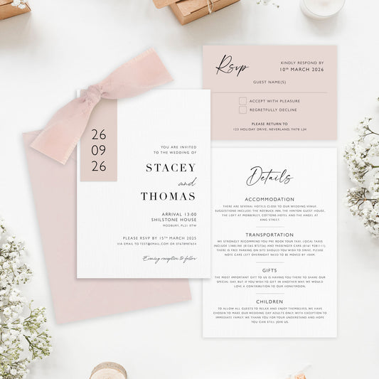 The Sophie - Luxury Ribbon Wedding Invitation, Details & RSVP Card | Simple stationery | Personalised invitation | Green, Pink, Blue, Burnt Orange