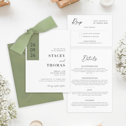 The Sophie - Luxury Ribbon Wedding Invitation, Details & RSVP Card | Simple stationery | Personalised invitation | Green, Pink, Blue, Burnt Orange