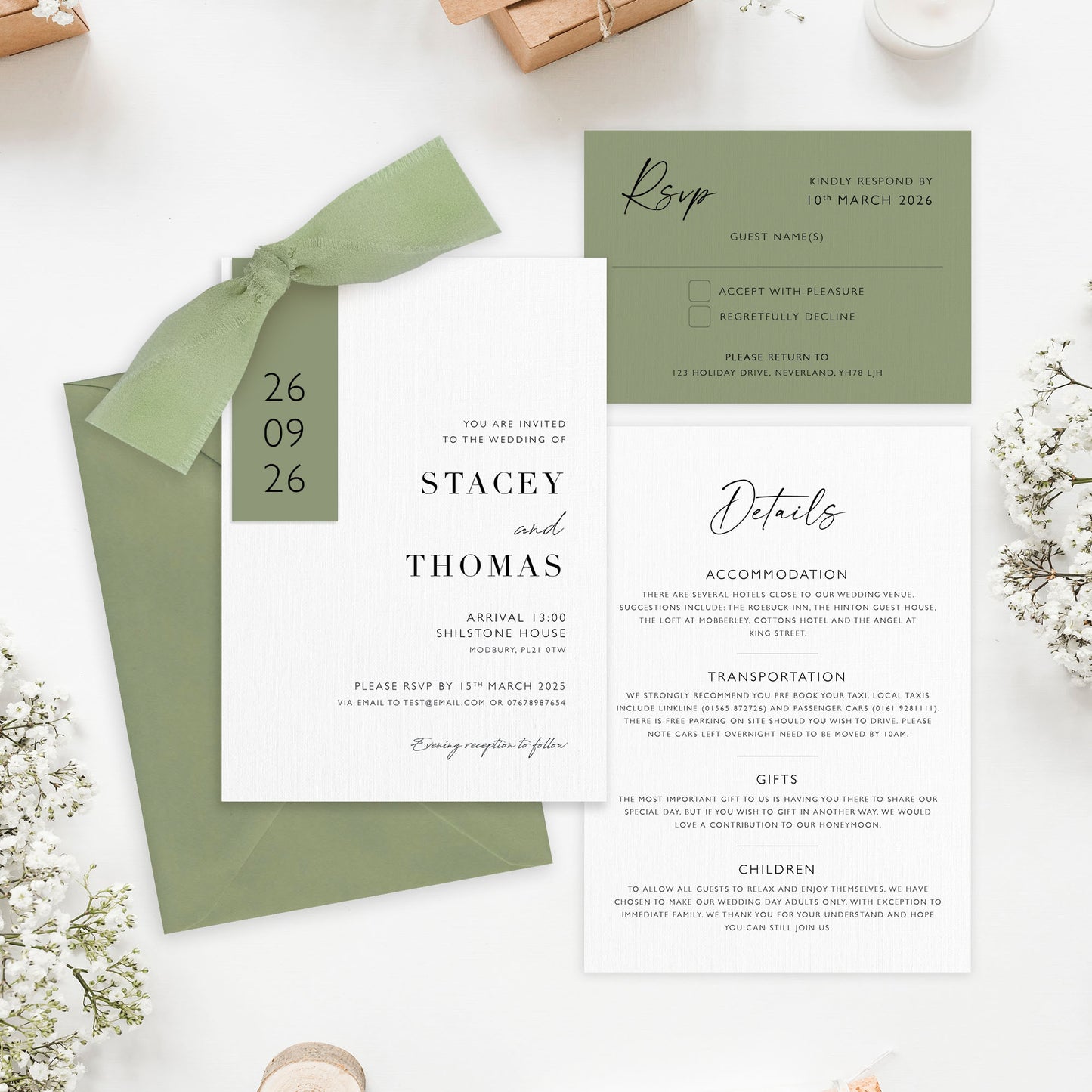 The Sophie - Luxury Ribbon Wedding Invitation, Details & RSVP Card | Simple stationery | Personalised invitation | Green, Pink, Blue, Burnt Orange