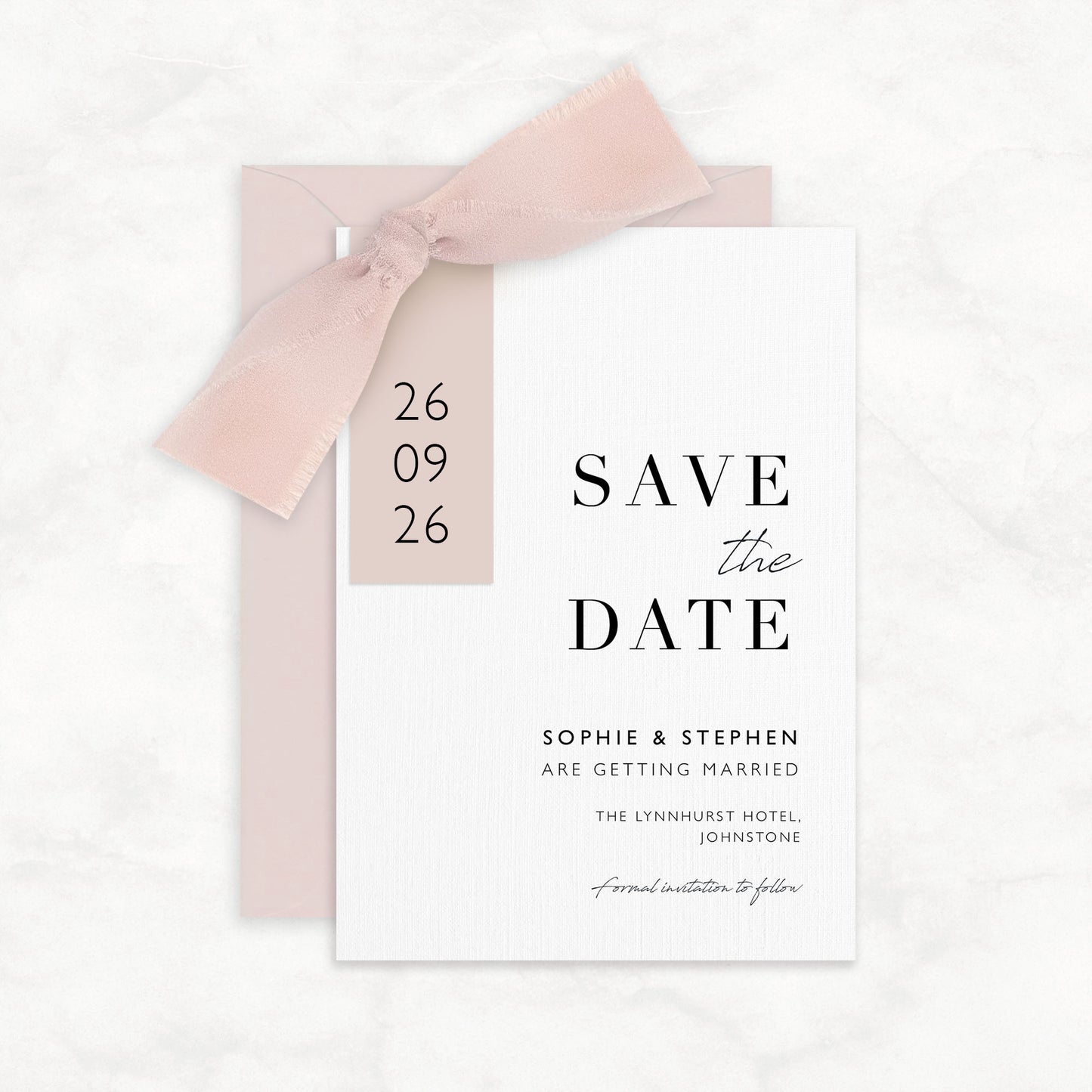 The Sophie - Save the date luxury Ribbon Wedding & Envelope | Simple stationery | Personalised invitation | Sage green, Pink, Dusky Blue, Burnt Orange