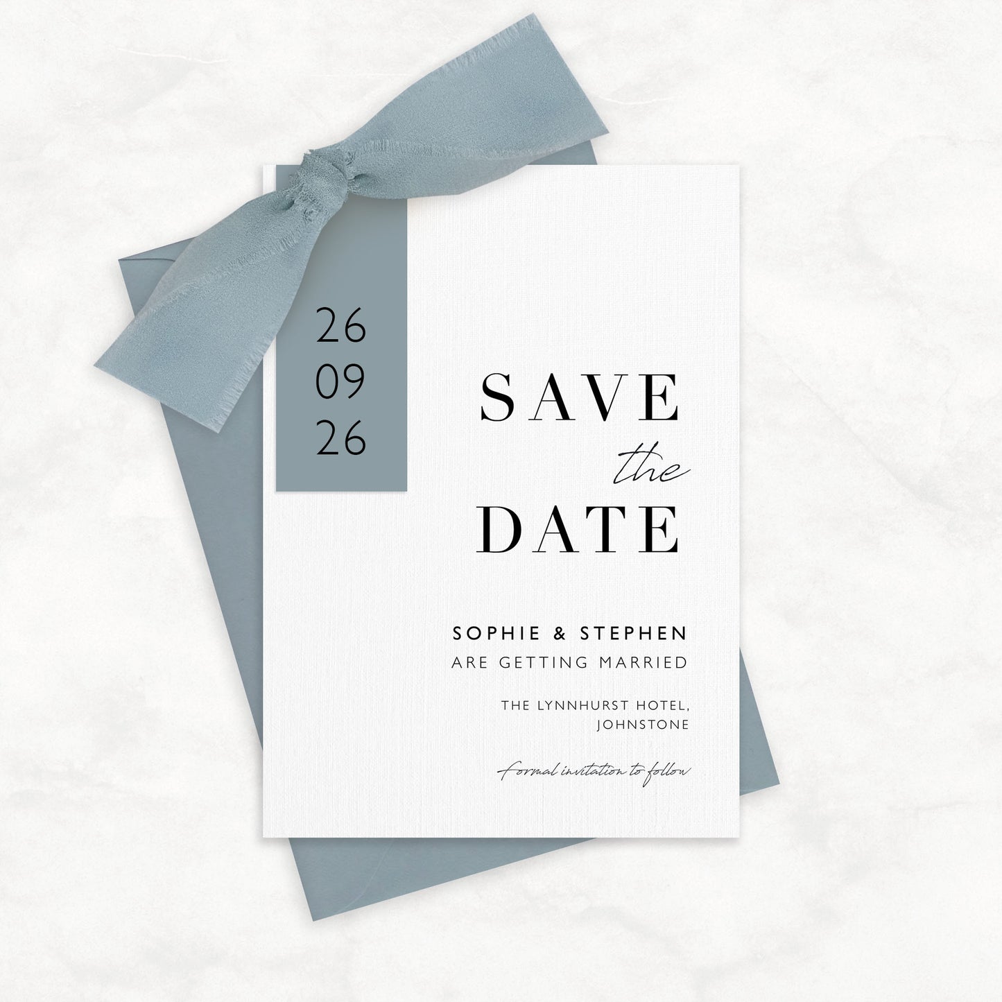 The Sophie - Save the date luxury Ribbon Wedding & Envelope | Simple stationery | Personalised invitation | Sage green, Pink, Dusky Blue, Burnt Orange