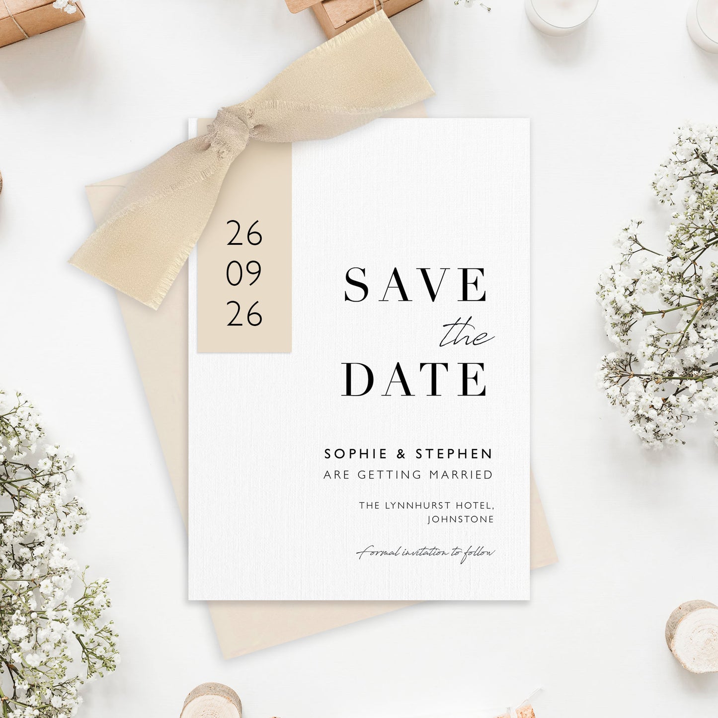 The Sophie - Save the date luxury Ribbon Wedding & Envelope | Simple stationery | Personalised invitation | Sage green, Pink, Dusky Blue, Burnt Orange