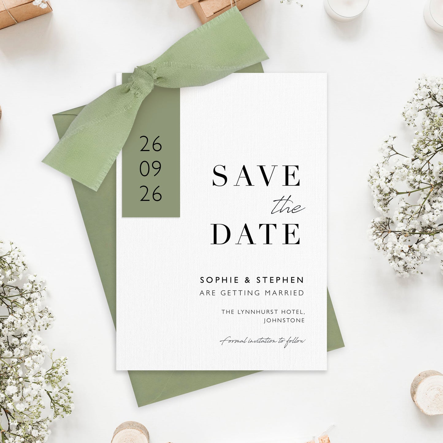 The Sophie - Save the date luxury Ribbon Wedding & Envelope | Simple stationery | Personalised invitation | Sage green, Pink, Dusky Blue, Burnt Orange