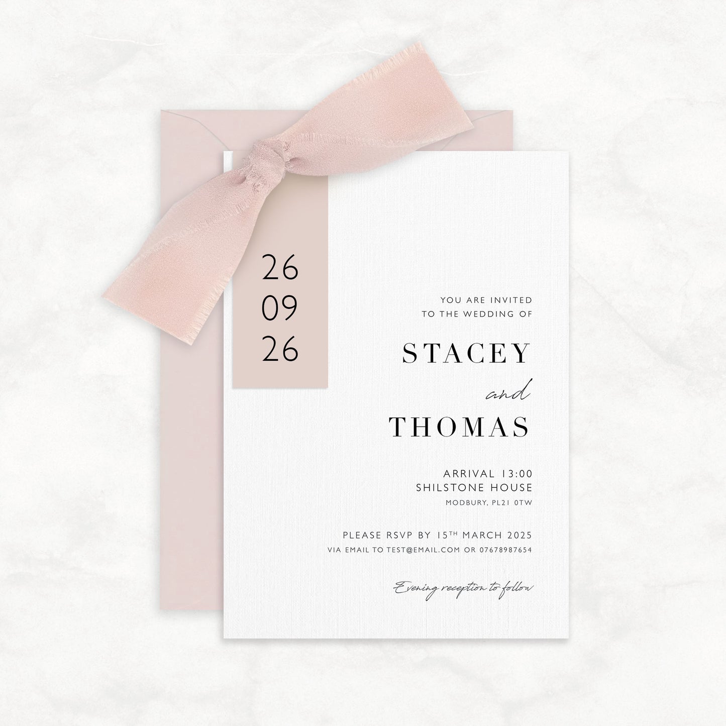 The Sophie - Luxury Ribbon Wedding Invitation & Envelope | Simple stationery | Personalised invitation | Sage green, Pink, Dusky Blue, Burnt Orange