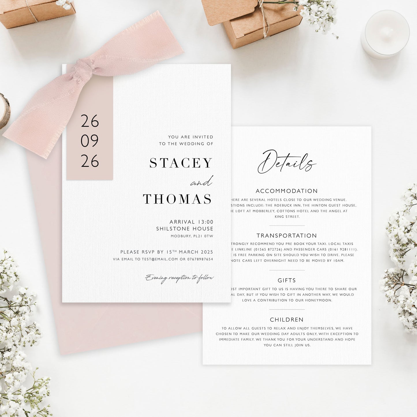 The Sophie - Luxury Ribbon Wedding Invitation, Envelope & Details Card | Simple stationery | Personalised invitation | Green, Pink, Blue, Burnt Orange