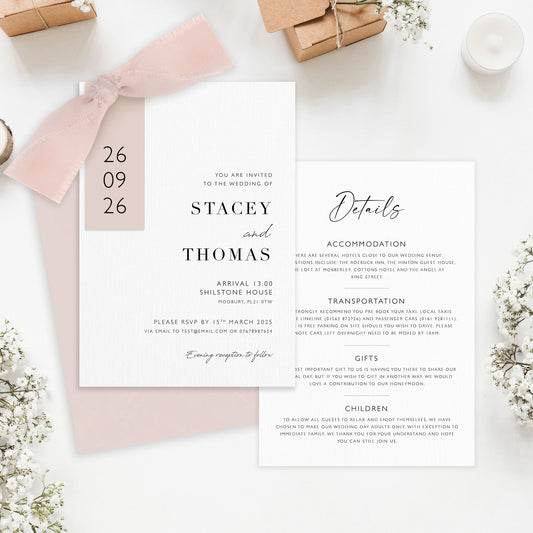 The Sophie - Luxury Ribbon Wedding Invitation, Envelope & Details Card | Simple stationery | Personalised invitation | Green, Pink, Blue, Burnt Orange