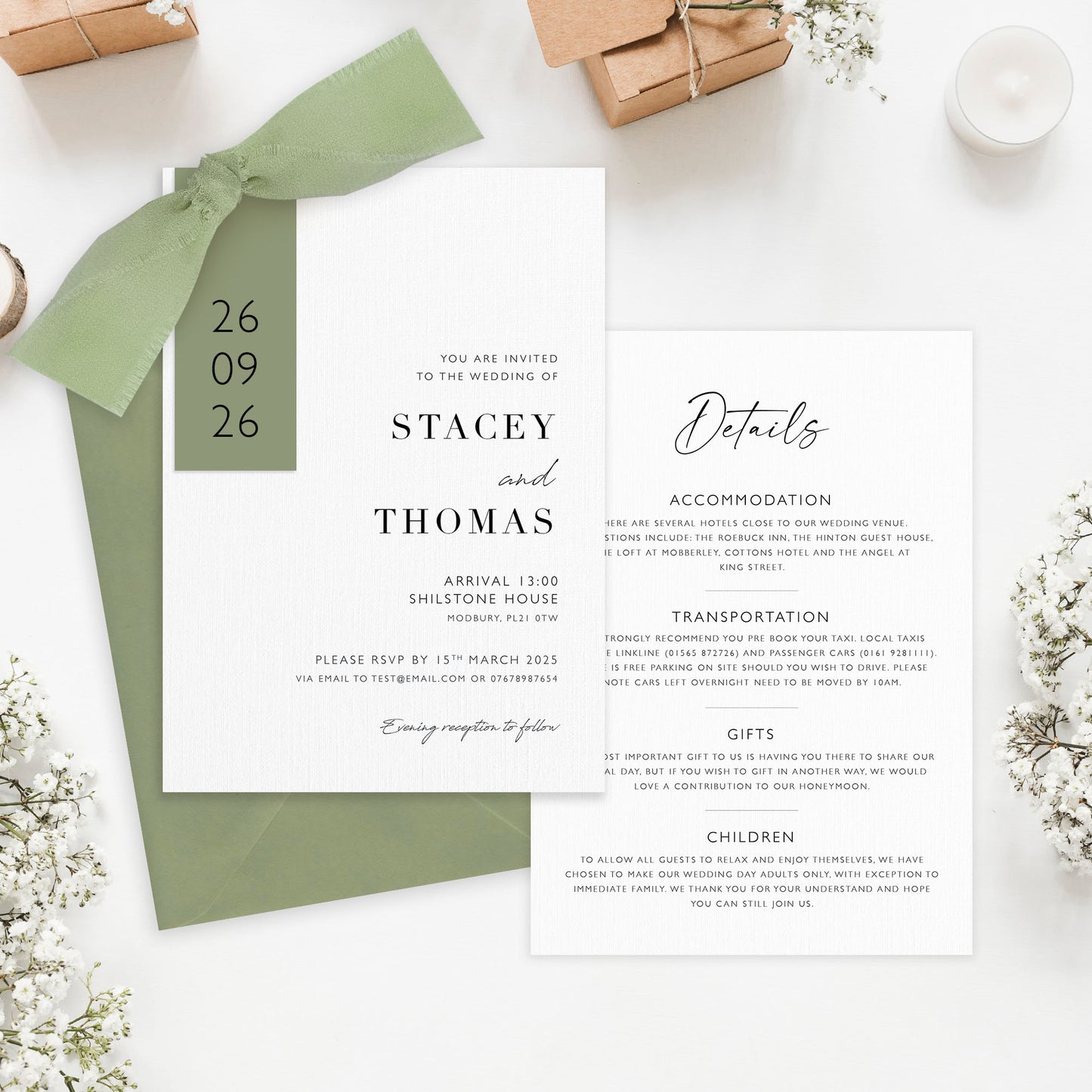 The Sophie - Luxury Ribbon Wedding Invitation, Envelope & Details Card | Simple stationery | Personalised invitation | Green, Pink, Blue, Burnt Orange