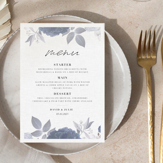 The Betsy - Blue Botanical Menu Card