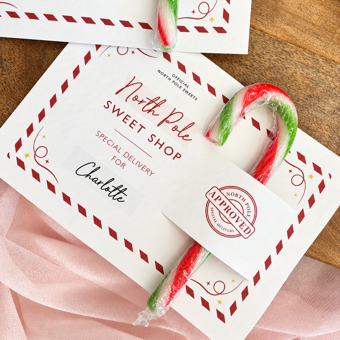 Personalised Christmas Eve box filler candy cane card
North Pole candy cane Christmas gift for kids
Personalised candy cane stocking filler for children
Christmas Eve box candy cane filler with child's name
Personalised North Pole Christmas treat for kids