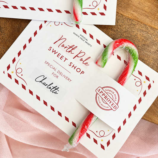 Personalised Christmas Eve box filler candy cane card
North Pole candy cane Christmas gift for kids
Personalised candy cane stocking filler for children
Christmas Eve box candy cane filler with child's name
Personalised North Pole Christmas treat for kids