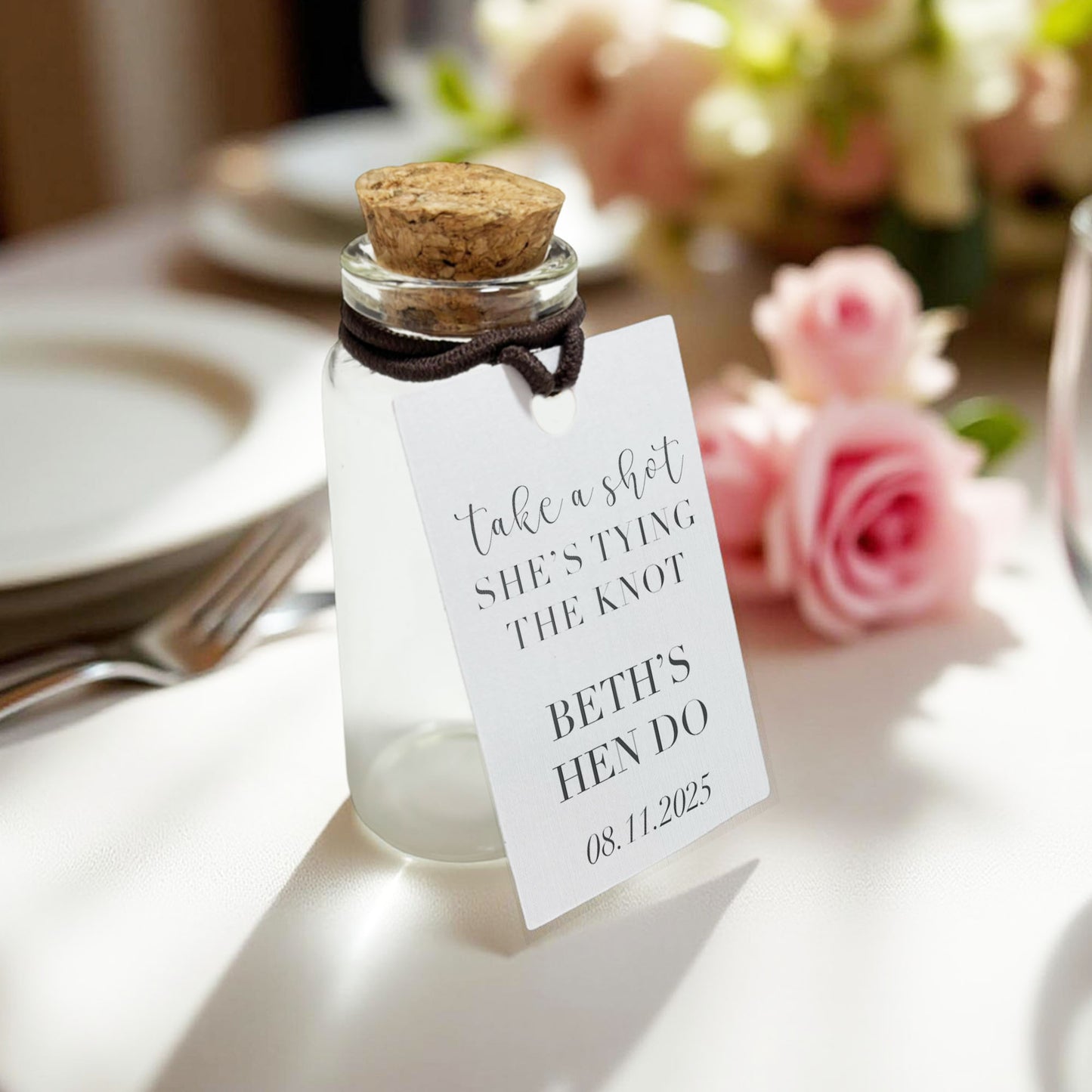 Personalised Take A Shot She’s Tying The Knot Shot Bottles & Tags - Hen Party