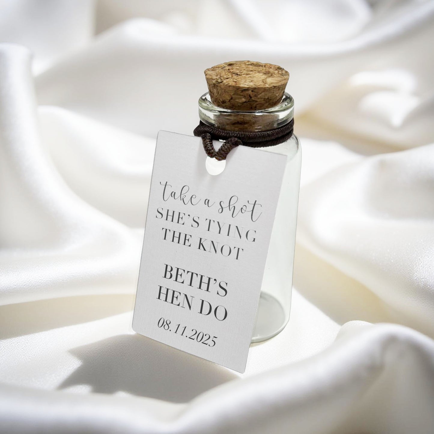 Personalised Take A Shot She’s Tying The Knot Shot Bottles & Tags - Hen Party