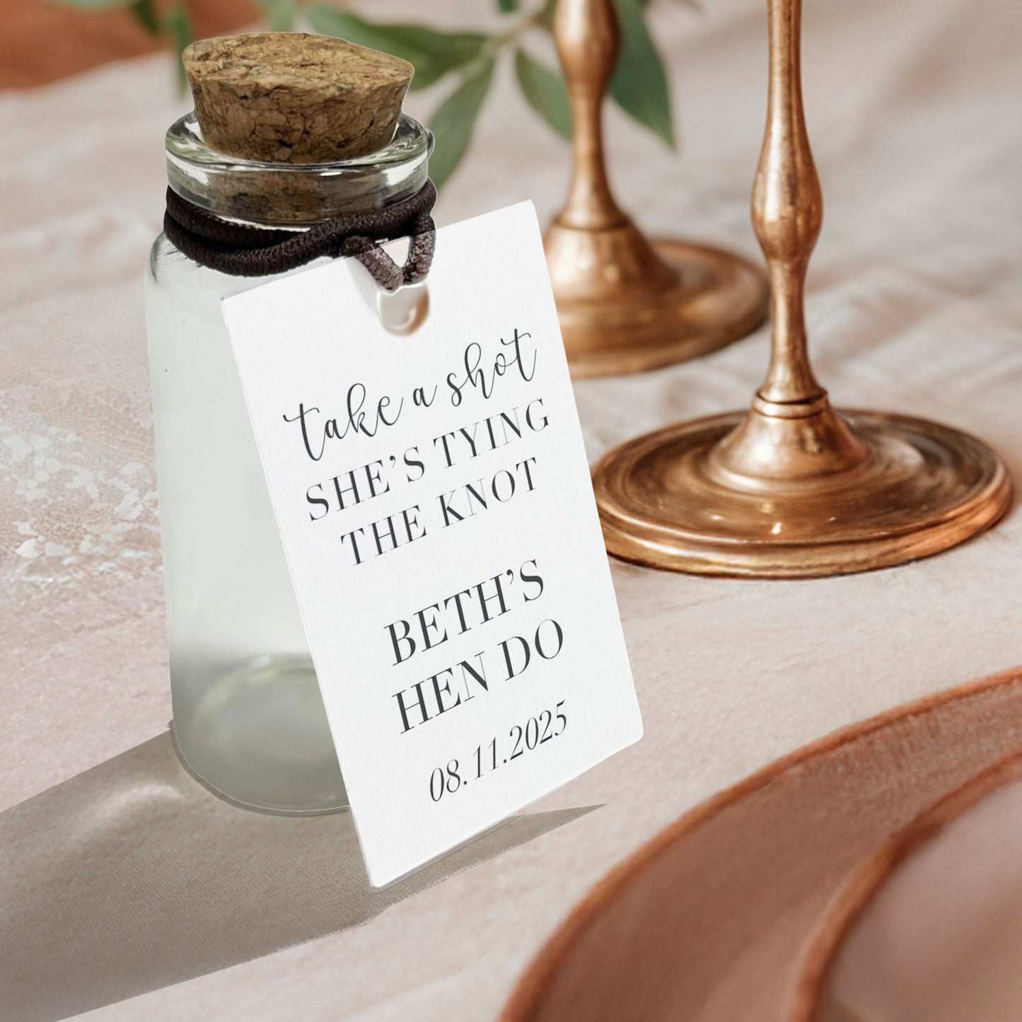 Personalised Take A Shot She’s Tying The Knot Shot Bottles & Tags - Hen Party