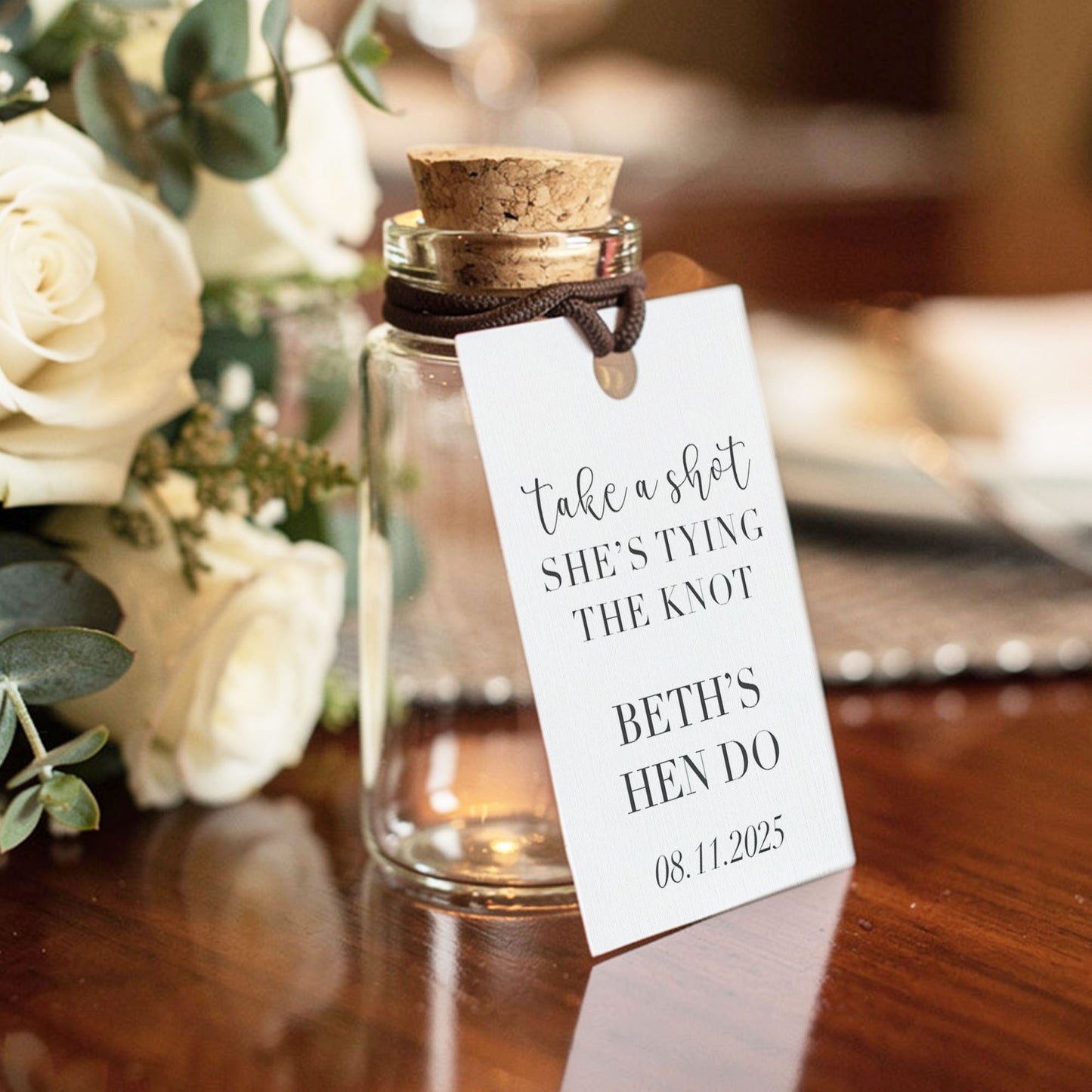 Personalised Take A Shot She’s Tying The Knot Shot Bottles & Tags - Hen Party