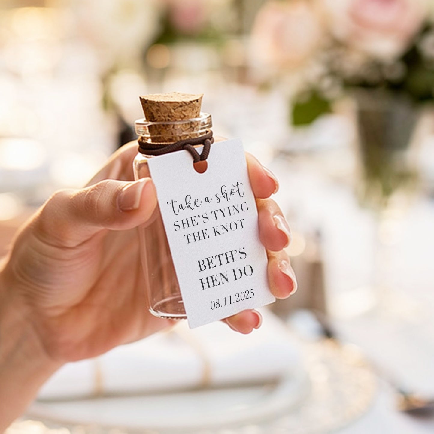 Personalised Take A Shot She’s Tying The Knot Shot Bottles & Tags - Hen Party