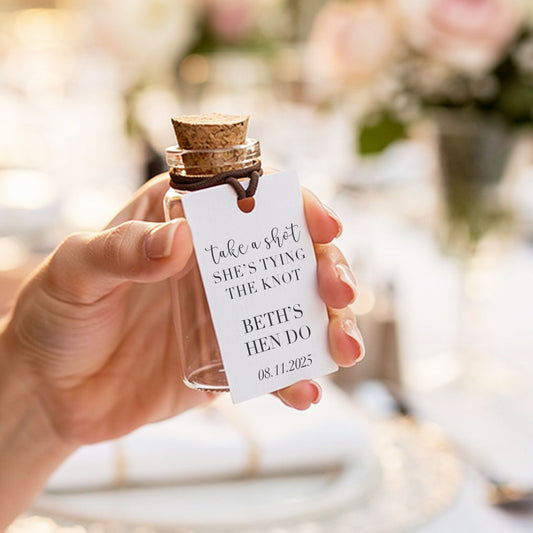 Personalised Take A Shot She’s Tying The Knot Shot Bottles & Tags - Hen Party