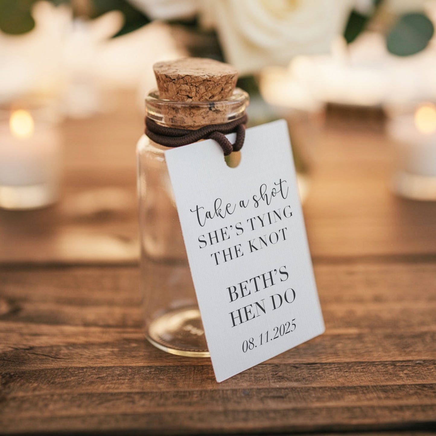 Personalised Take A Shot She’s Tying The Knot Shot Bottles & Tags - Hen Party