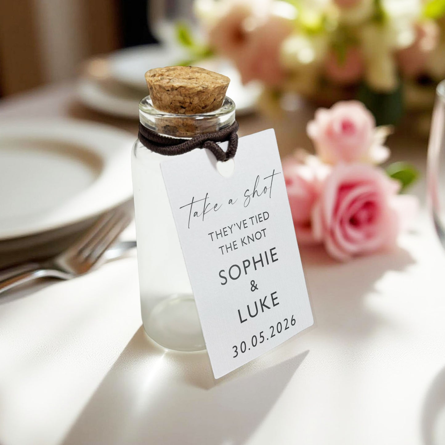 Personalised Wedding Shot Bottle Favours with Tag | Take-a-shot Favours | They've tied the knot | Wedding Favours | Best Seller