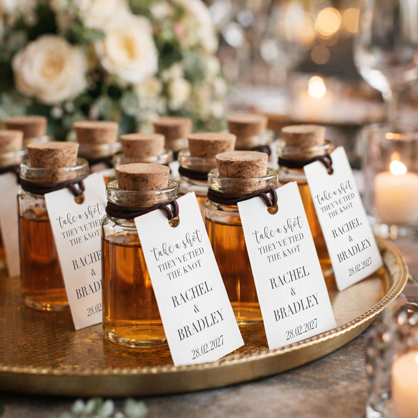 Personalised Wedding Shot Bottle Favours with Tag | Take-a-shot Favours | They've tied the knot | Wedding Favours | Best Seller