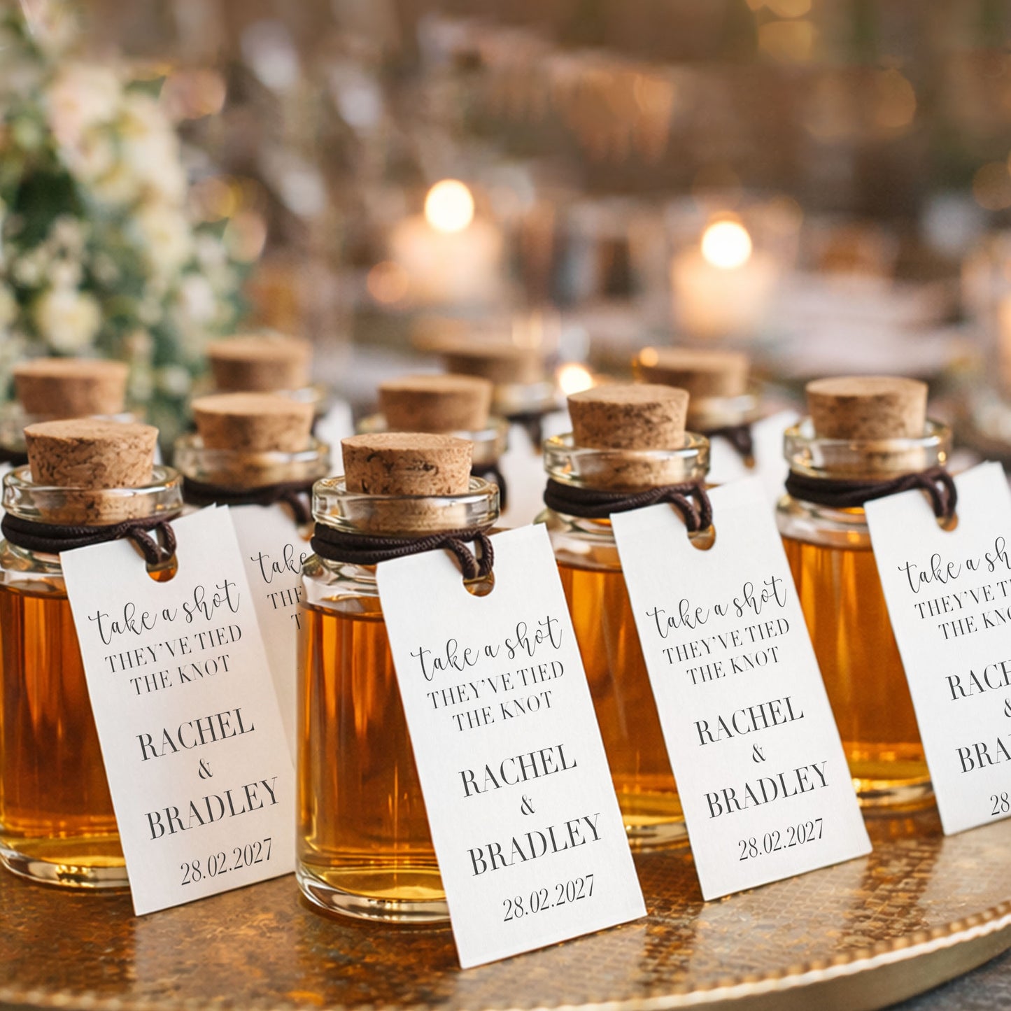 Personalised Wedding Shot Bottle Favours with Tag | Take-a-shot Favours | They've tied the knot | Wedding Favours | Best Seller