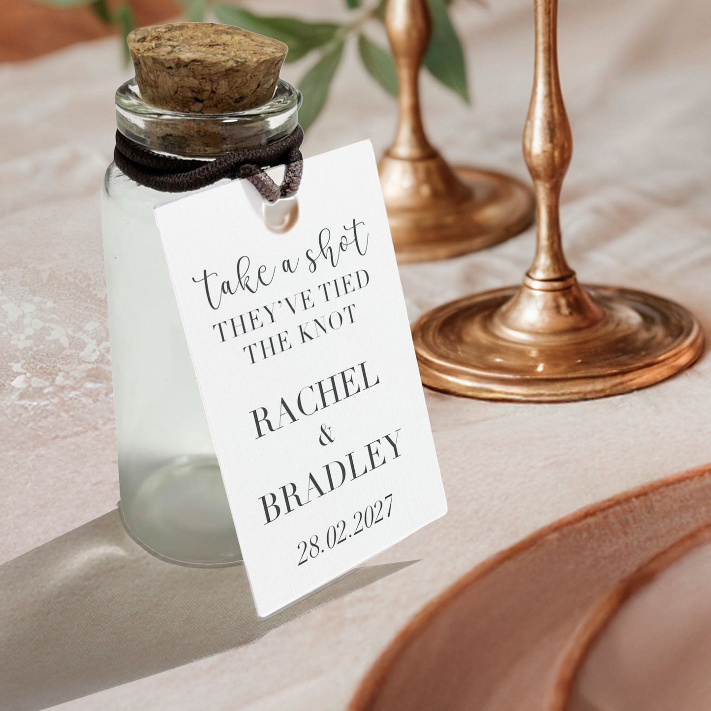 Personalised Wedding Shot Bottle Favours with Tag | Take-a-shot Favours | They've tied the knot | Wedding Favours | Best Seller