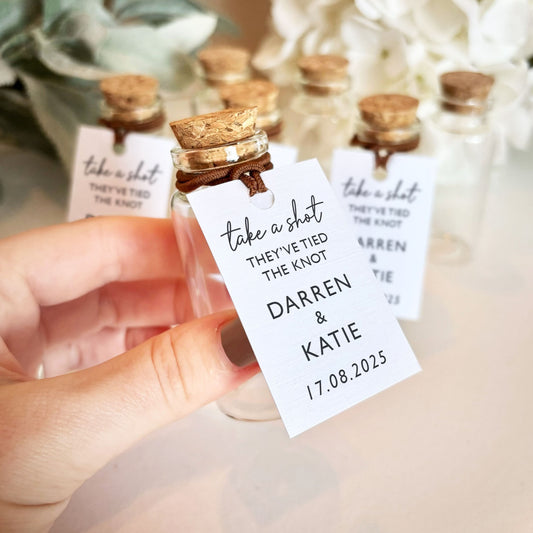 Tied the Knot Wedding Favours Take A Shot Favour Wedding Tags Shot Bottle Rustic Wedding Wedding Favour Idea Ready Made Wedding Favour Bags