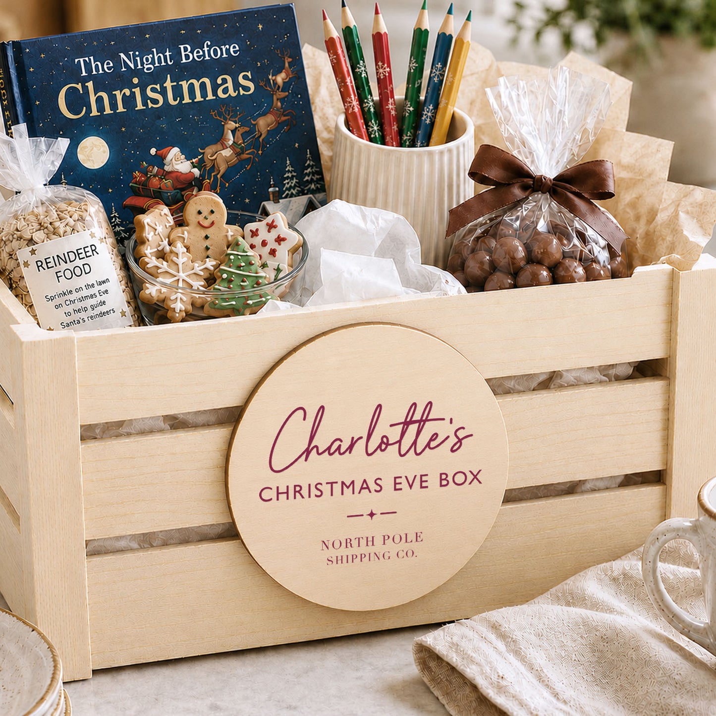 Christmas Eve Box Wooden Gift Crate Personalised Custom Name Keepsake Box for Kids Family Christmas Tradition Box For Night Before Christmas