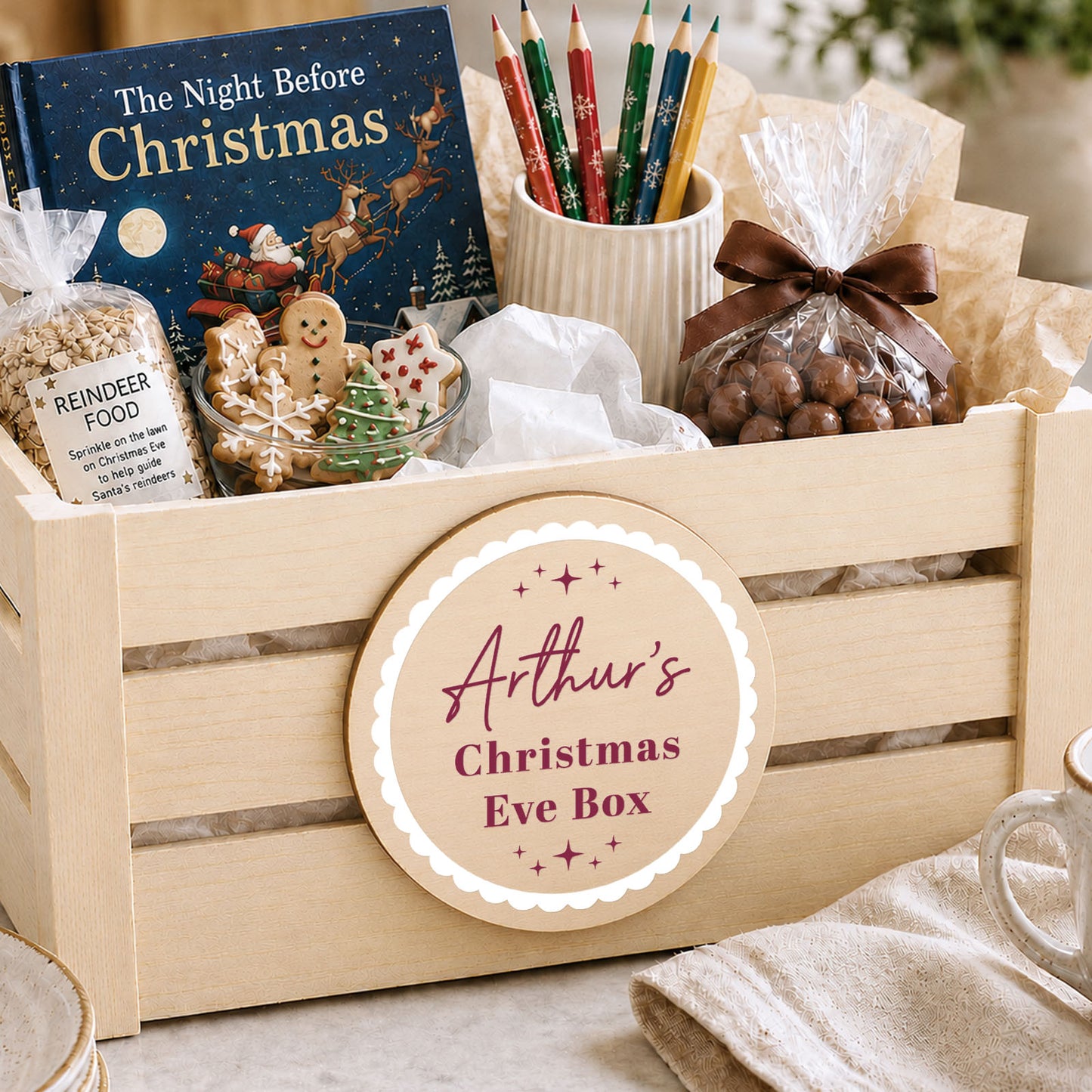 Personalised Christmas Eve Box Wooden Gift Crate Custom Name Keepsake Box for Kids Family Christmas Tradition Box For Night Before Christmas