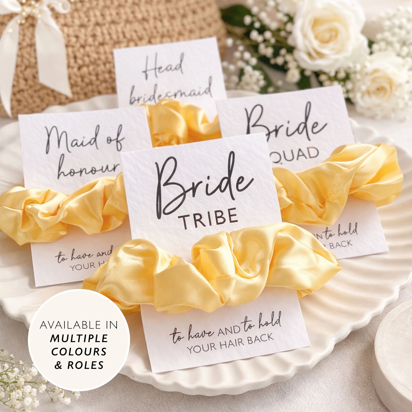 Yellow Hen Do Scrunchie Favours Hen Party Bags and Gifts Personalised Hair Tie Favours for Bride Tribe & Bride Squad Hen Party Idea