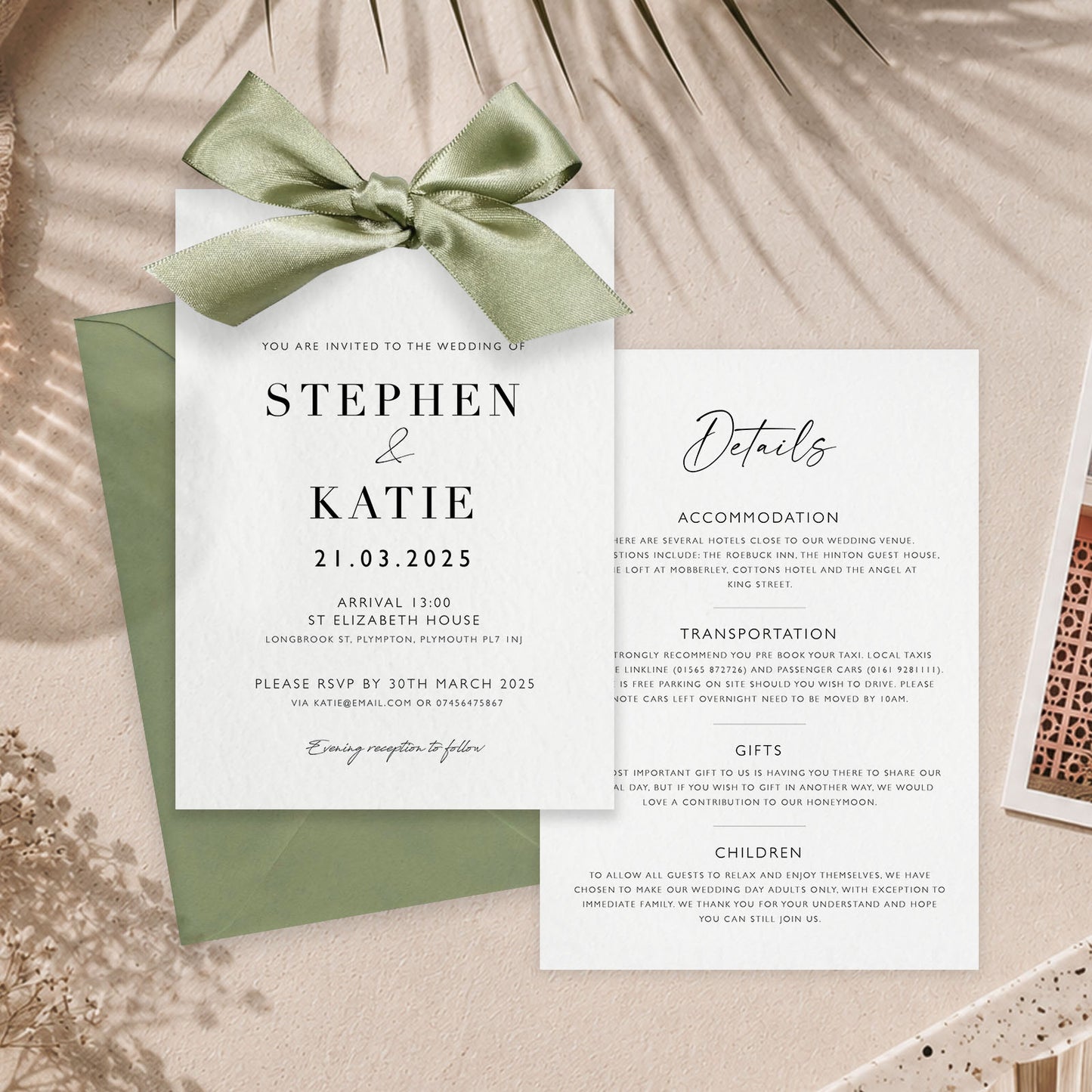 The Betsy - Luxury Ribbon Wedding Invitation, Envelope & Details Card | Simple stationery | Personalised invitation | Green, Pink, Blue, Burnt Orange