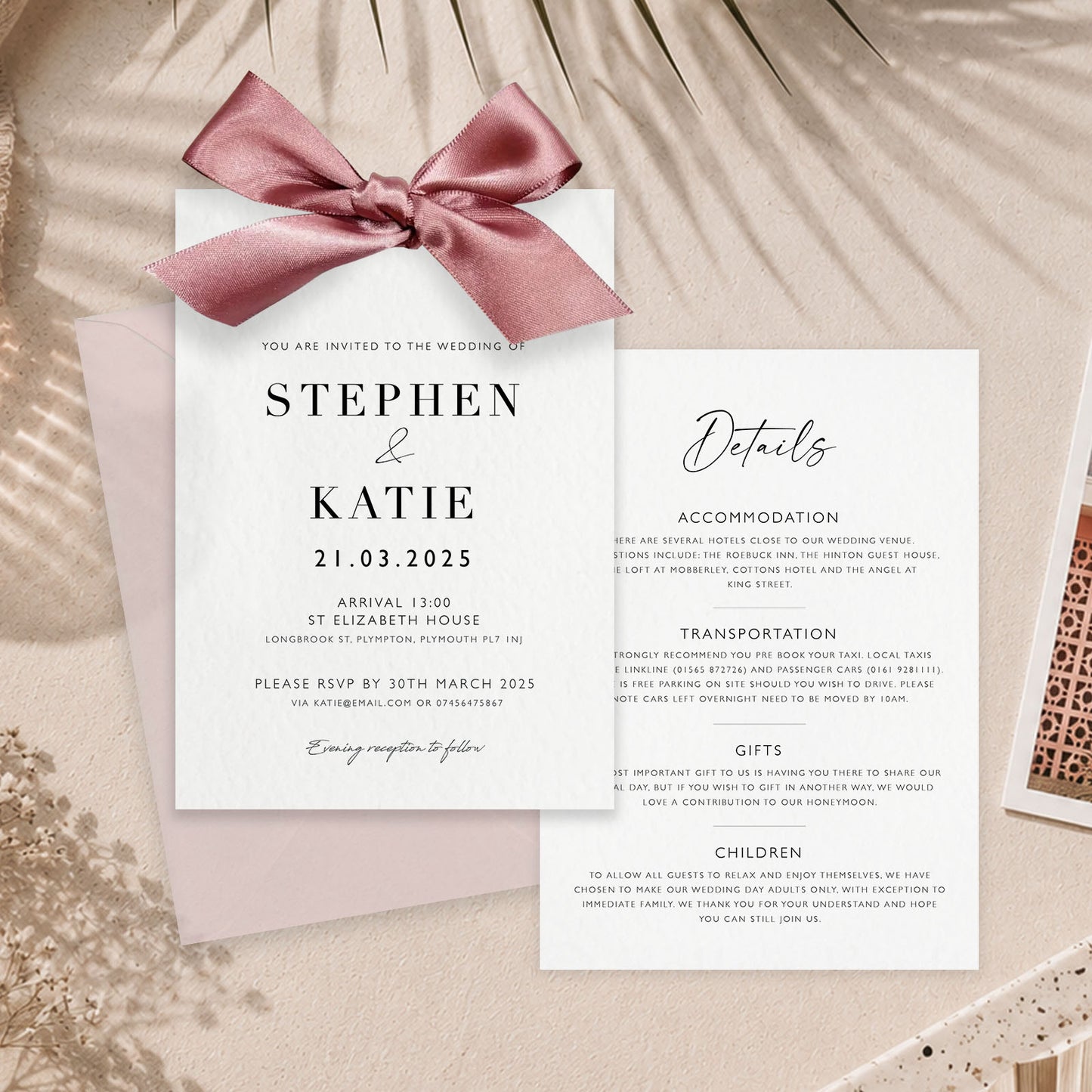 The Betsy - Luxury Ribbon Wedding Invitation, Envelope & Details Card | Simple stationery | Personalised invitation | Green, Pink, Blue, Burnt Orange