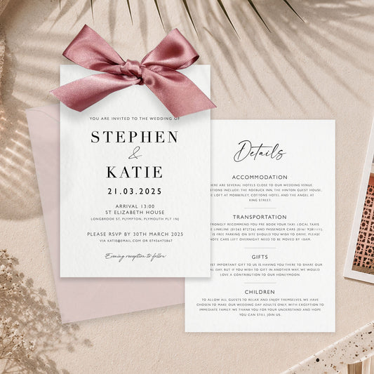 The Betsy - Luxury Ribbon Wedding Invitation, Envelope & Details Card | Simple stationery | Personalised invitation | Green, Pink, Blue, Burnt Orange