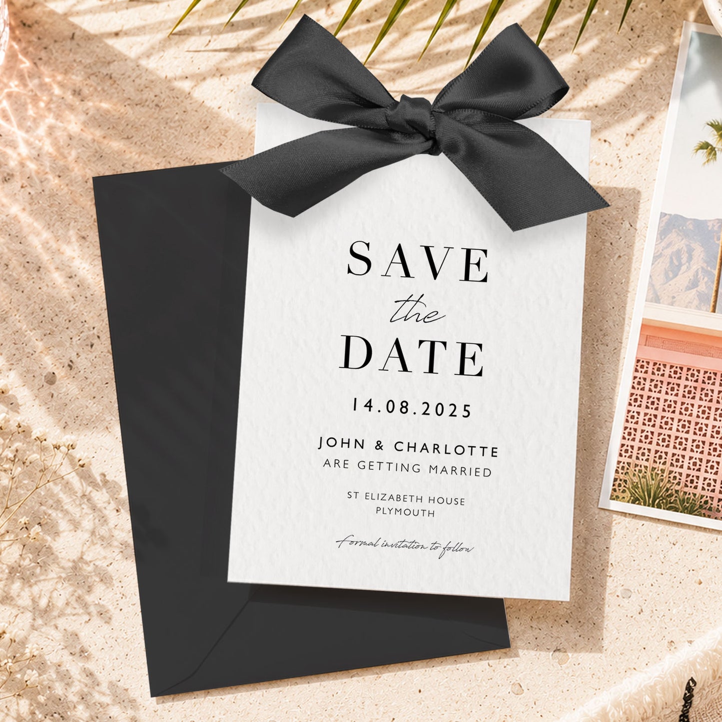 The Betsy - Luxury Satin Bow Ribbon Wedding Save the Date & Envelope | Personalised invitation | Sage green, Pink, Dusky Blue, Burnt Orange