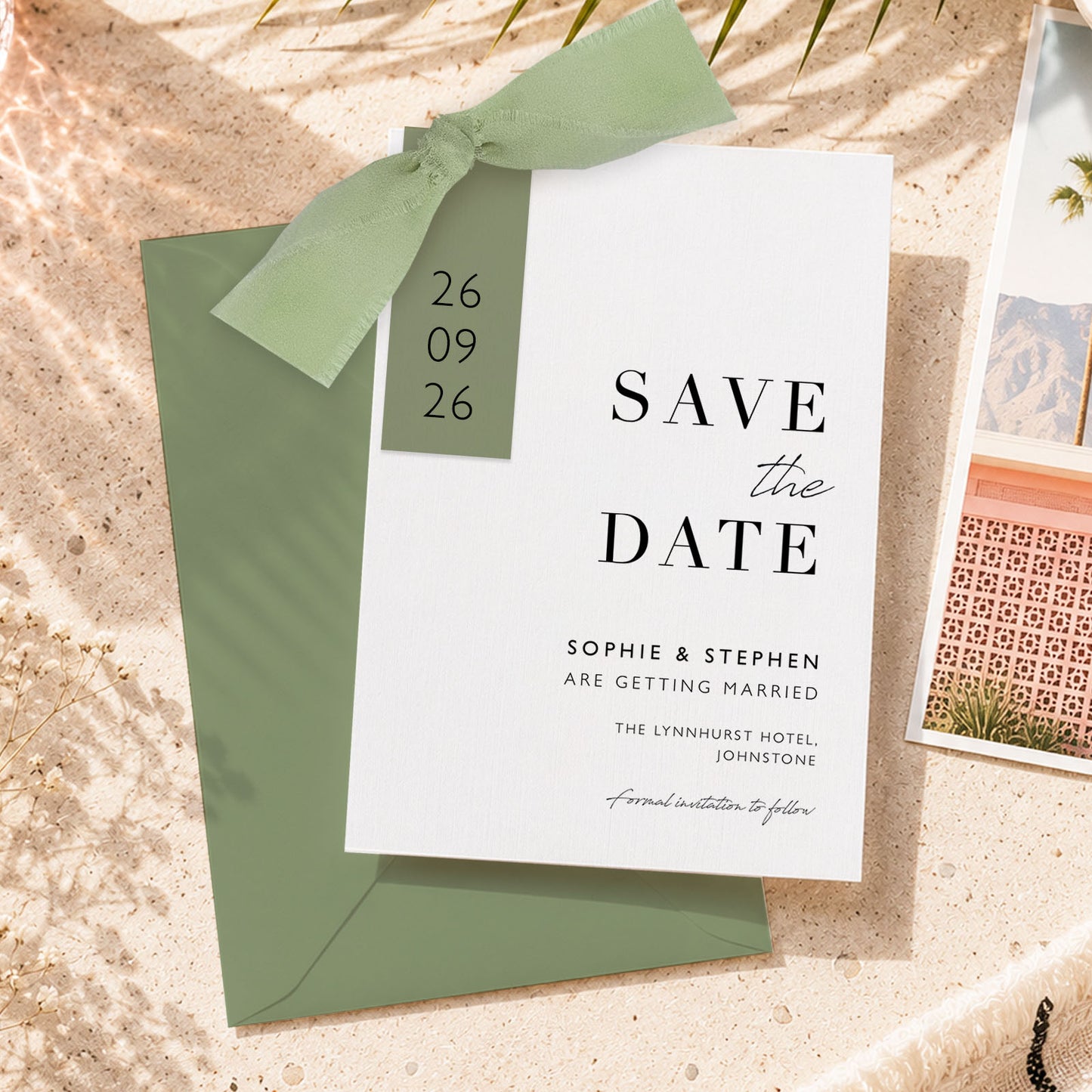 The Sophie - Save the date luxury Ribbon Wedding & Envelope | Simple stationery | Personalised invitation | Sage green, Pink, Dusky Blue, Burnt Orange
